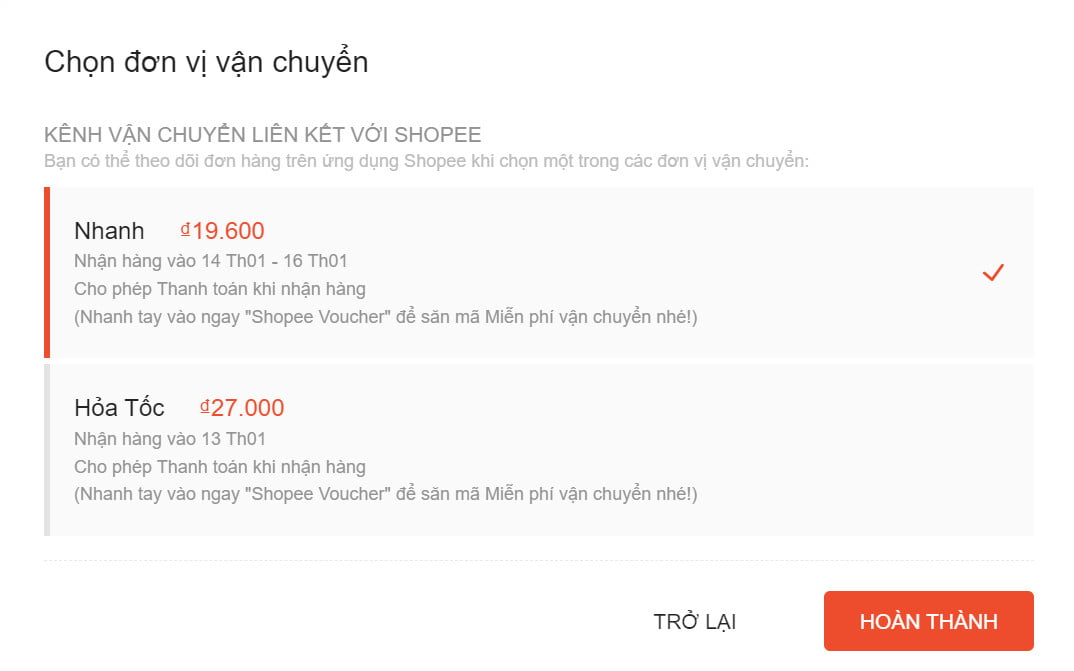 Phương thức vận chuyển Shopee